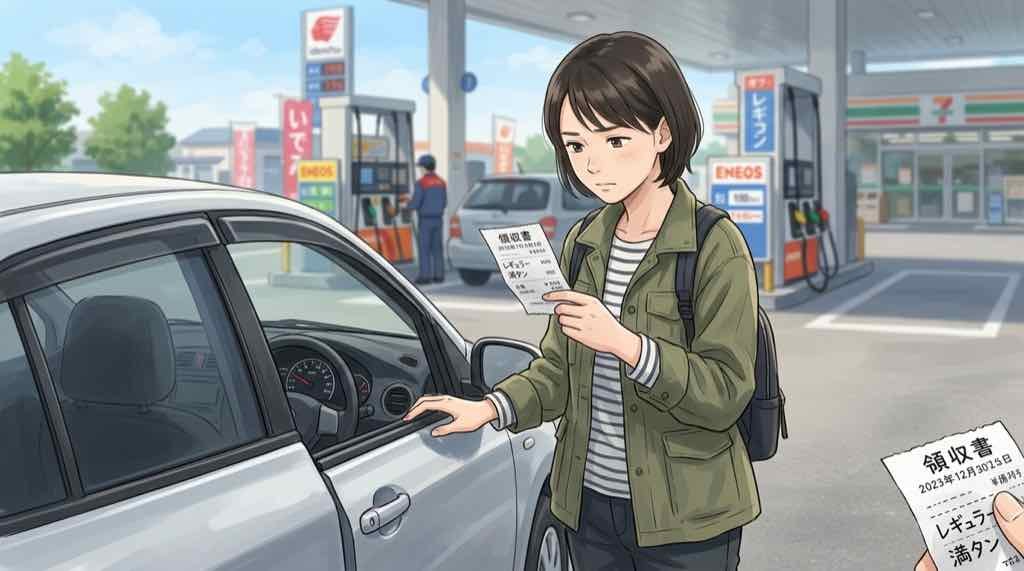 光岡自動車の燃費をノートに書いて計算しているちこのイラスト