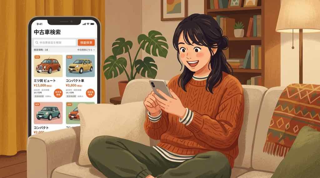 光岡自動車の中古車について調べてわくわくしているちこのイラスト