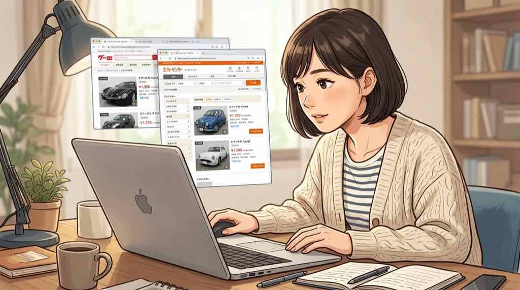 光岡自動車の中古車価格を検索サイトで調べているちこのイラスト