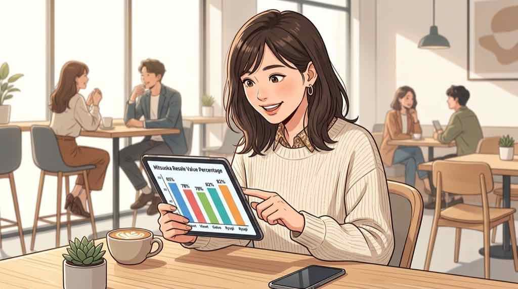 光岡自動車のリセール率の高さを数値で確認しているちこのイラスト