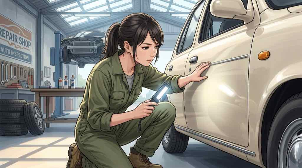 光岡自動車の中古車を購入前に点検しているちこのイラスト