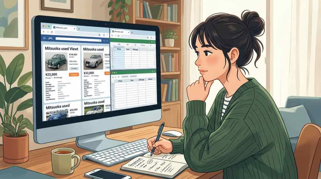 光岡自動車の中古車を複数のサイトで比較検索しているちこのイラスト
