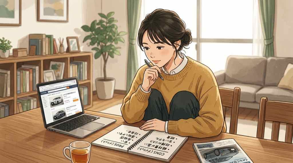 光岡自動車の中古購入について考えているちこのイラスト