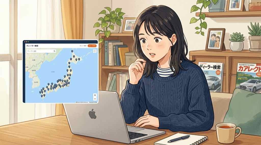 光岡自動車を購入したいと思って調べているちこのイラスト