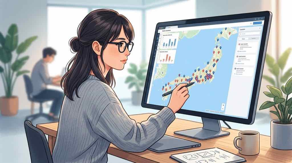 光岡自動車の全国販売店マップを調べているちこのイラスト