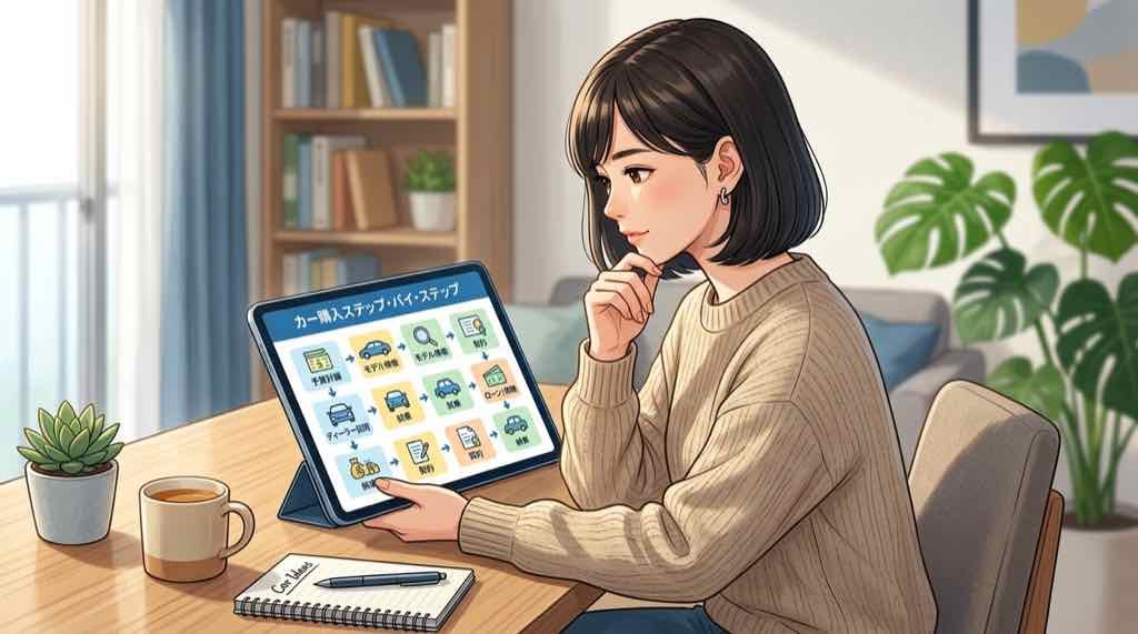 光岡自動車の購入フローを確認しているちこのイラスト
