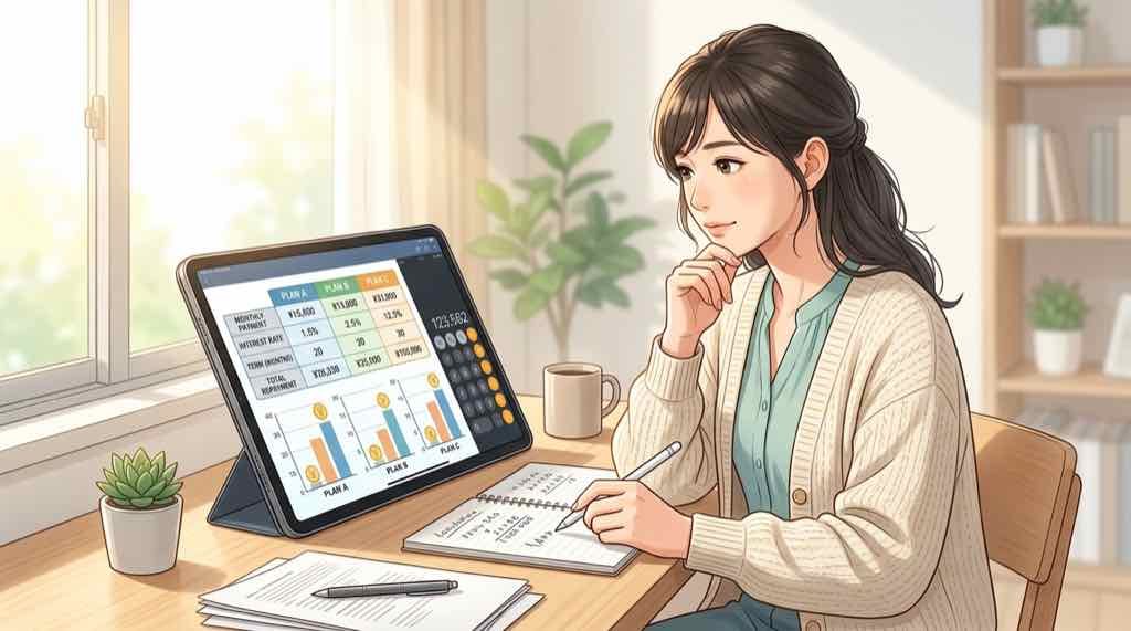 光岡自動車の支払いプランを比較検討しているちこのイラスト