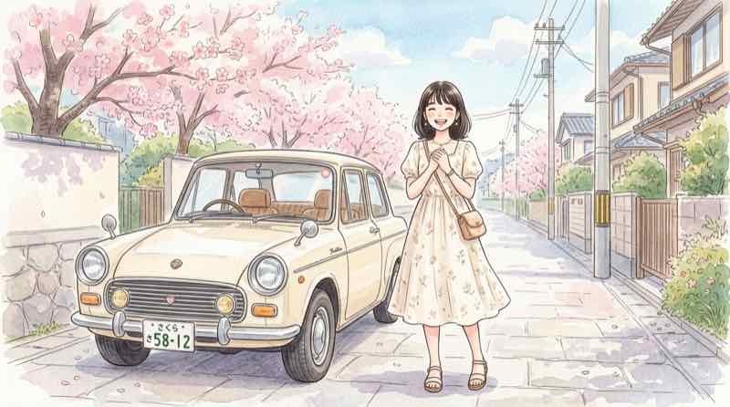 光岡自動車はなぜ高いのかを笑顔で調べるちこの水彩イラスト