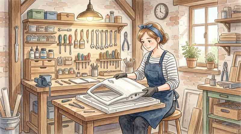 完成した国産車を工場で分解して光岡車に仕立て直す職人のイラスト