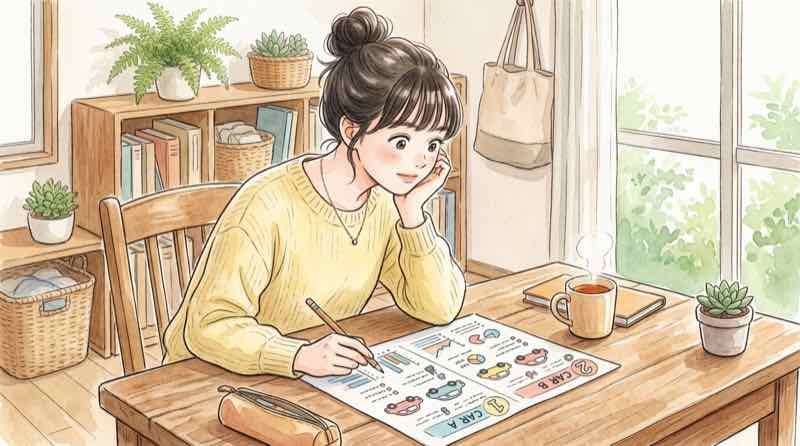 光岡のレトロデザインの車の前で笑顔に立っているちこの水彩イラスト