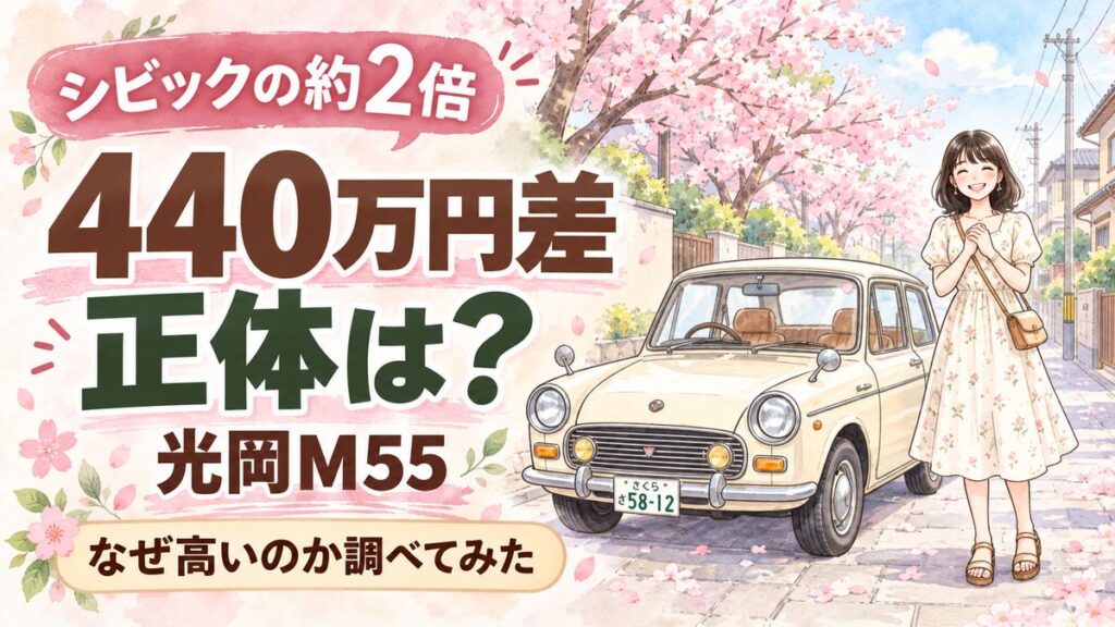 光岡自動車はなぜ高いのかを笑顔で調べるちこの水彩イラスト