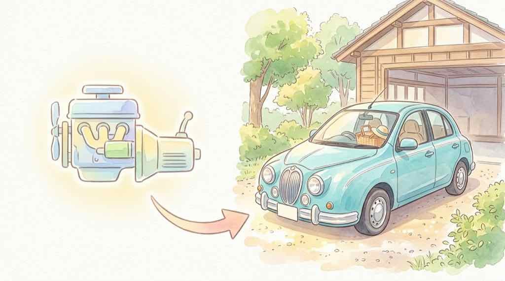 光岡自動車の機械部分とFRP外装の違いを表すイラスト