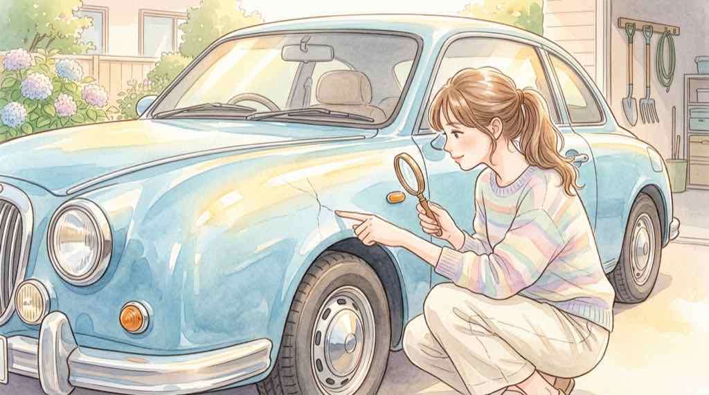 光岡自動車のFRP外装にヒビが入った状態を確認する様子
