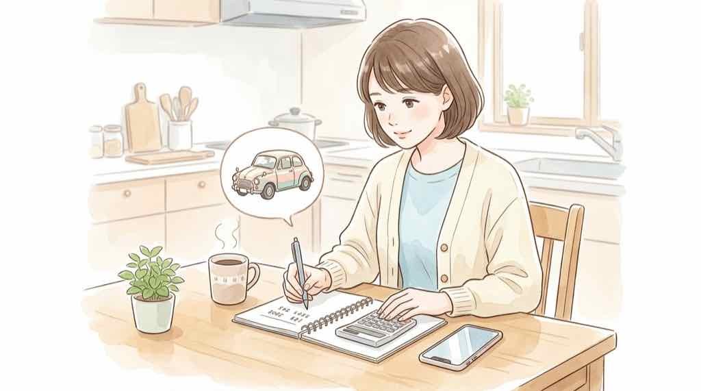 家計簿とスマートフォンで光岡自動車の維持費を計算する様子