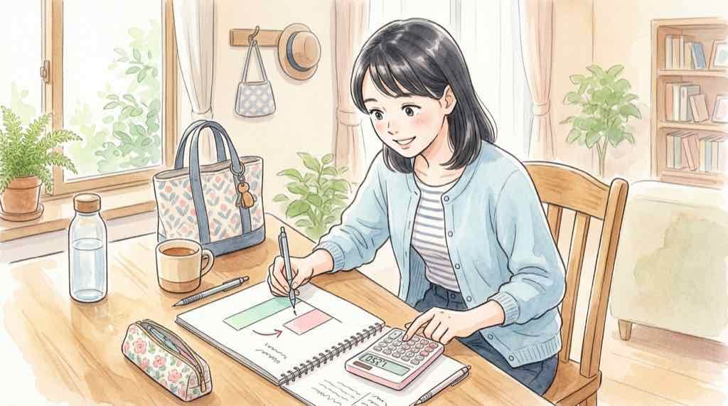 光岡自動車の残価率と5年後の実質負担額を計算する女性のイラスト