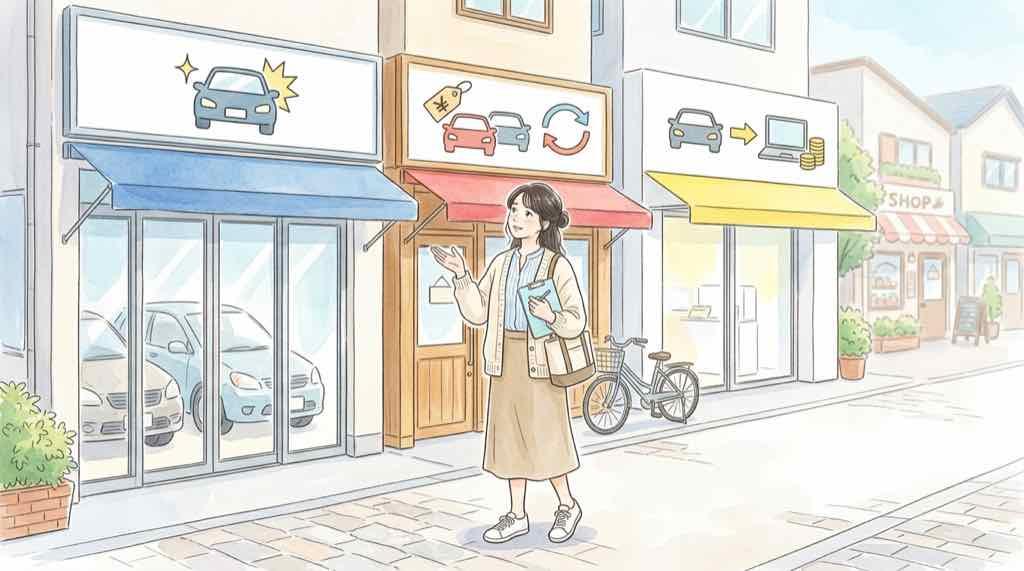 光岡自動車の売却方法と買取比較を考える女性のイラスト