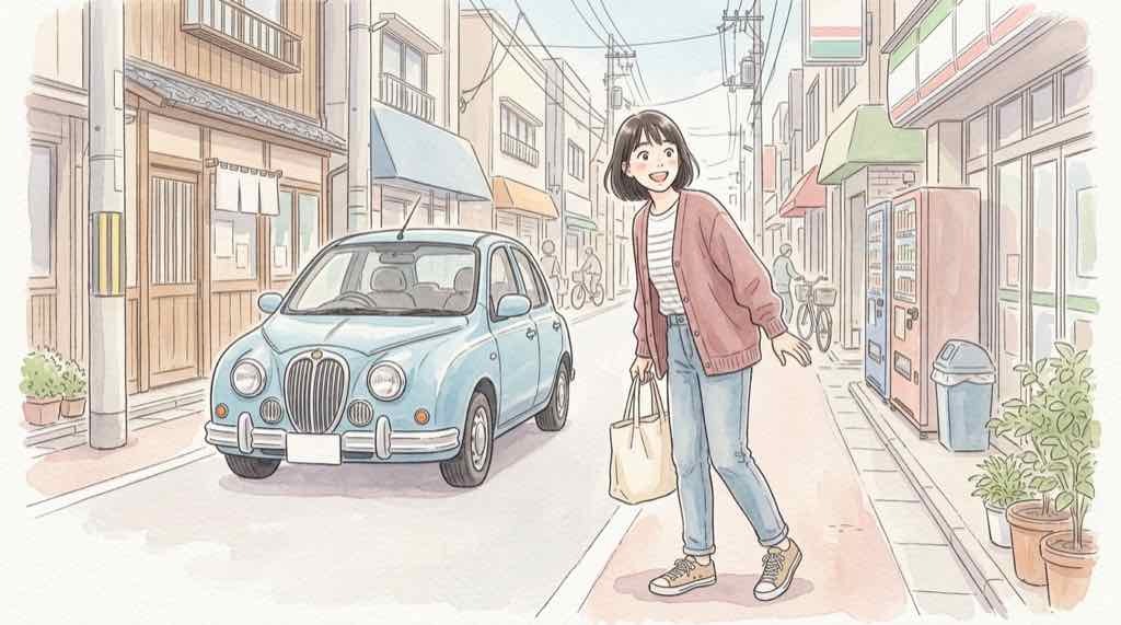 光岡自動車の中古車購入で後悔しないためのチェックポイントを調べる女性イラスト