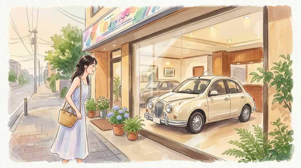 光岡自動車の中古車を街中で発見した女性が振り返るイラスト