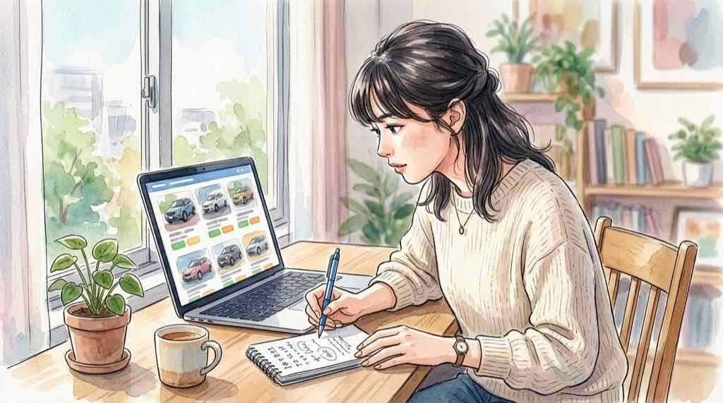 パソコンで光岡自動車の中古車サイトを調べている女性のイラスト