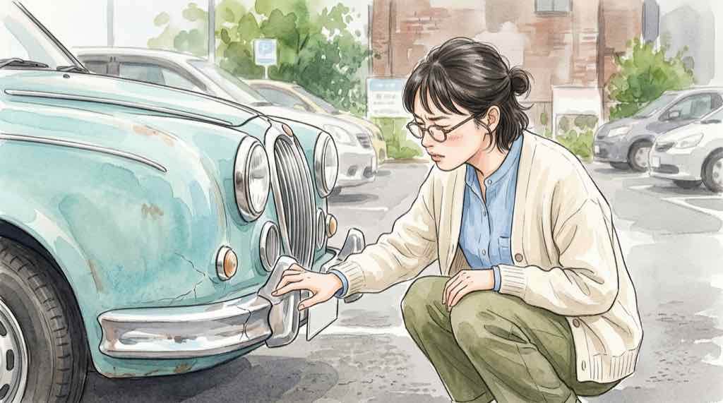 光岡自動車の中古車をじっくりチェックしている女性のイラスト