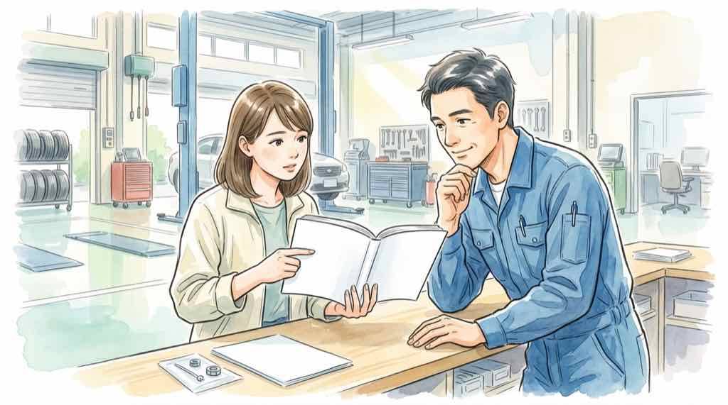 光岡自動車の整備について悩んでいる女性のイラスト