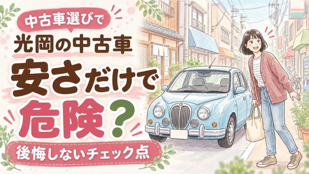 光岡自動車の中古車購入で後悔しないためのチェックポイントを調べる女性イラスト