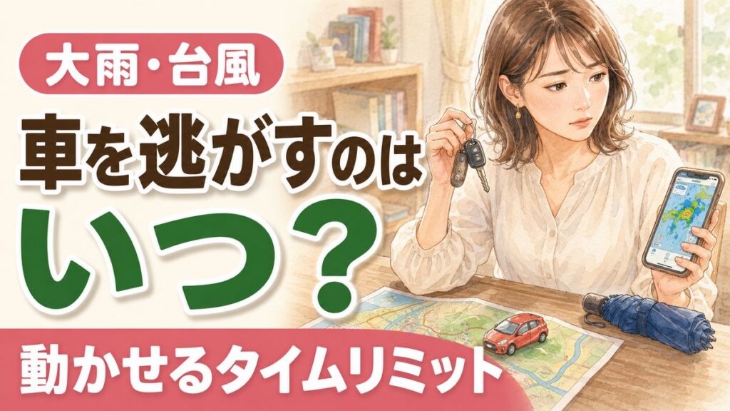 大雨で車はどこに逃がすか迷いながら窓の外の雨雲を見上げる女性