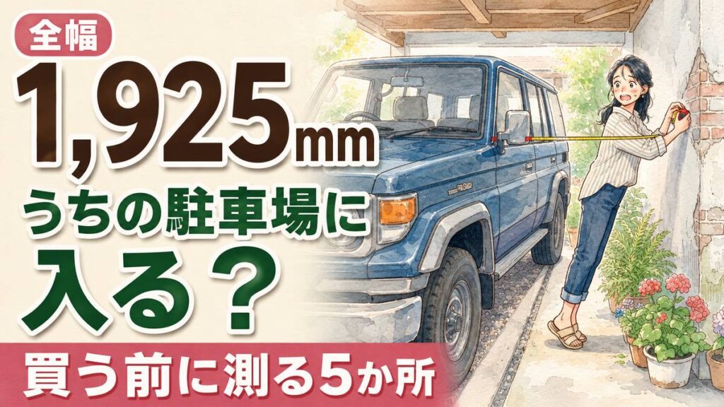 新型パジェロのサイズと普段使いの注意点を駐車場でチェックする女性のイラスト