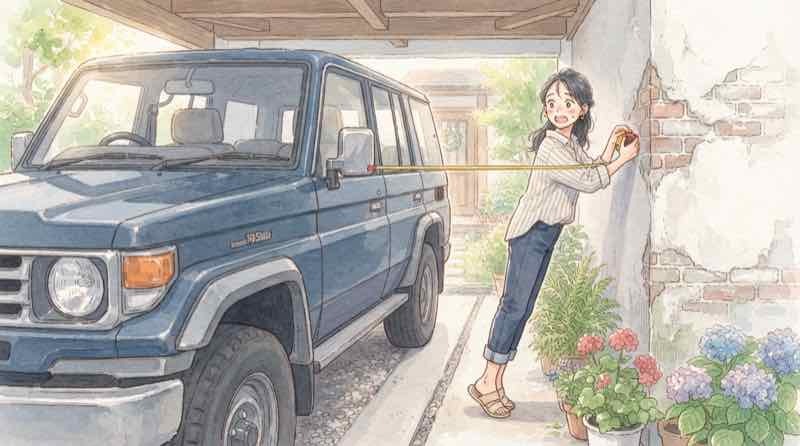 新型パジェロのサイズと普段使いの注意点を駐車場でチェックする女性のイラスト