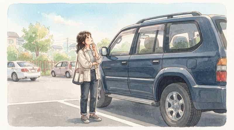 新型パジェロのサイズを駐車場で見上げる女性のイラスト・全幅1925mmの大きさを確かめる場面