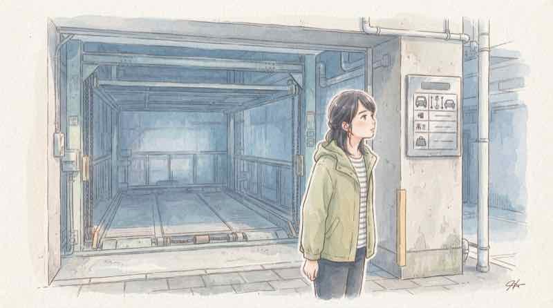 機械式駐車場の幅と高さの制限表示を確認する場面のイラスト・新型パジェロが入るか調べる様子