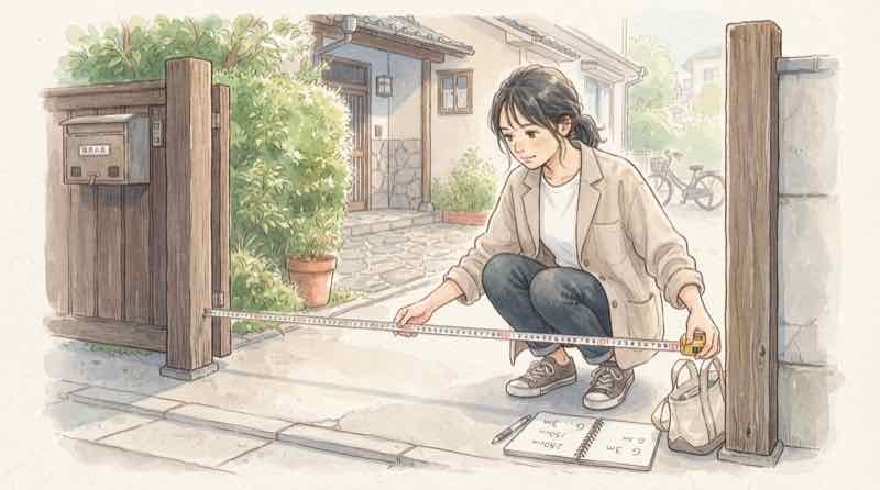 メジャーで駐車場の入口幅を測る女性のイラスト・新型パジェロ購入前のサイズ確認チェック