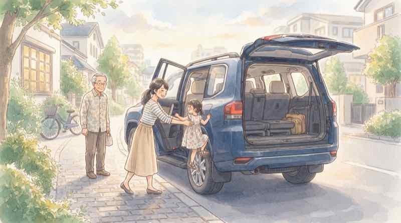 新型パジェロの3列目シートに座る子どもと大人のイラスト・7人乗りの居住性を確かめる家族