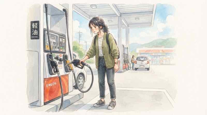給油機で軽油を入れる場面のイラスト・新型パジェロのディーゼルを普段使いで選ぶか考える