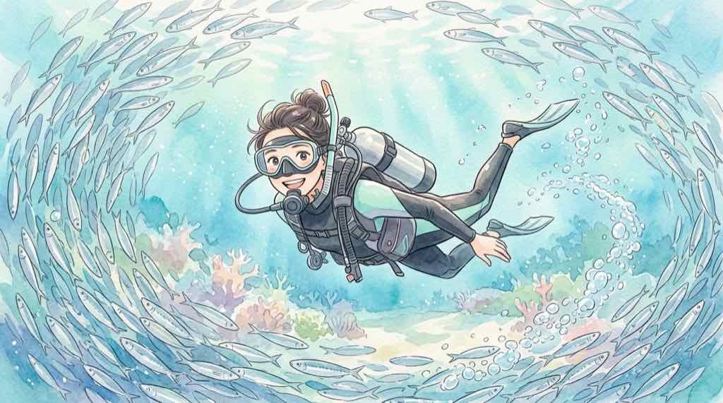 西川名 ダイビングの魅力を象徴するイラスト