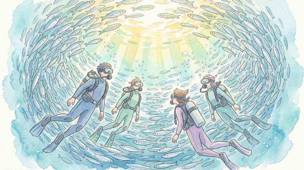 西川名ダイビングの魚影とダイバーを描いたイラスト