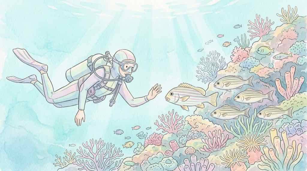 西川名で見られるヒゲダイとイサキの群れを描いたイラスト