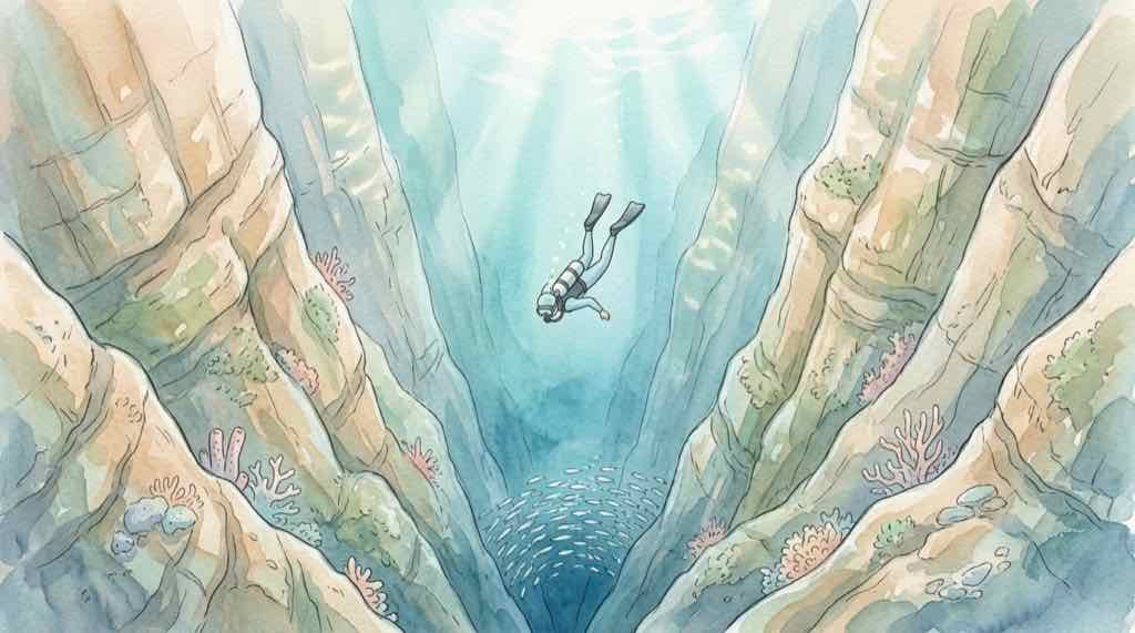 西川名のV字谷の海中地形を描いたイラスト