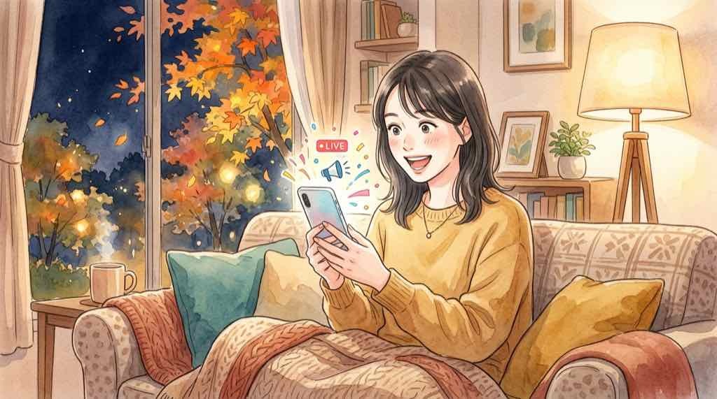 alt: 秋の夜にスマートフォンでノーベル賞ライブ中継を見ながら驚く女性