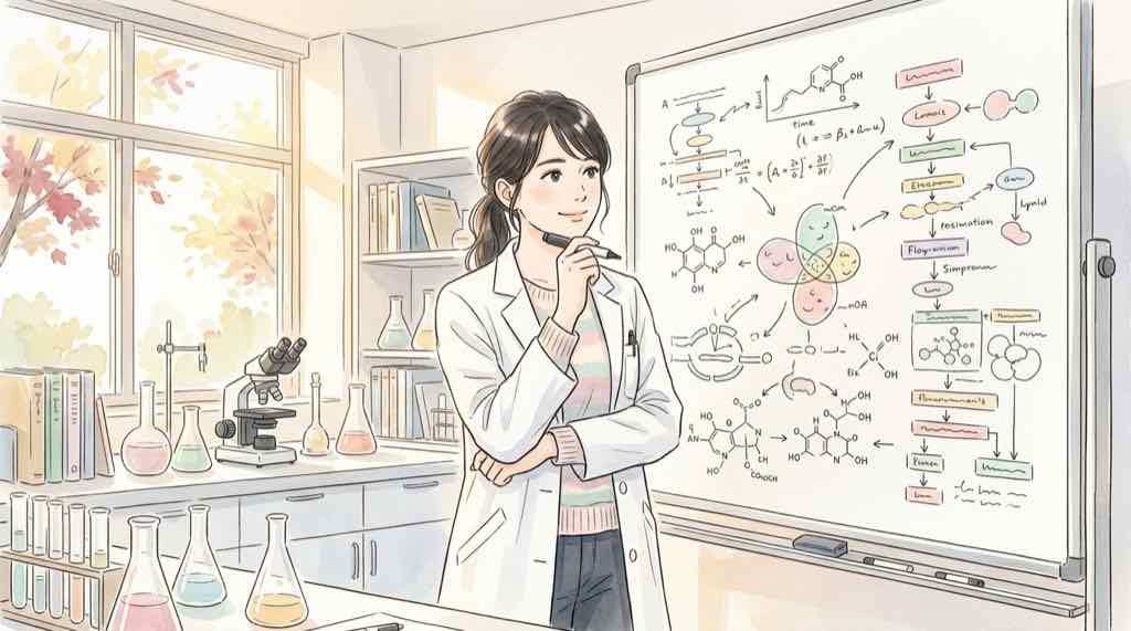 alt: 研究室のホワイトボードの前で真剣に考える日本人女性研究者