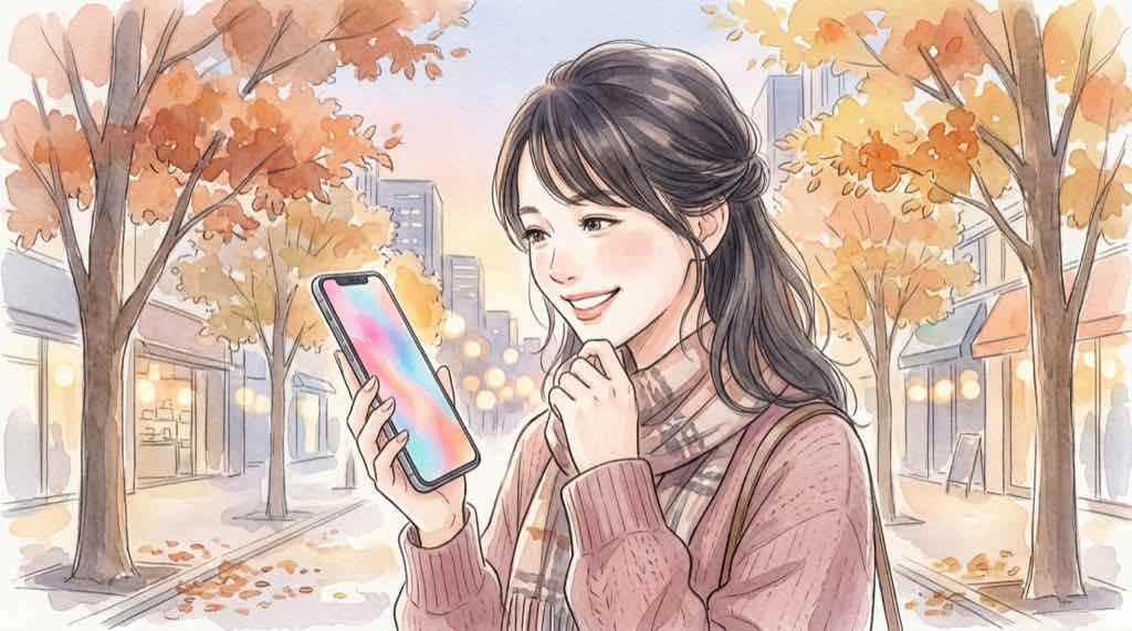alt: 鮮やかな有機EL画面のスマートフォンを見て感心している女性のイラスト