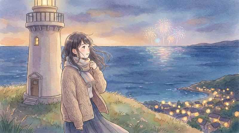 大洗の海沿いから花火を見上げる候補地の風景