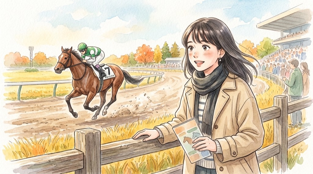 alt: 佐賀競馬場のダートコースを走るサラブレッドと、スタンドで見守るファンのイラスト