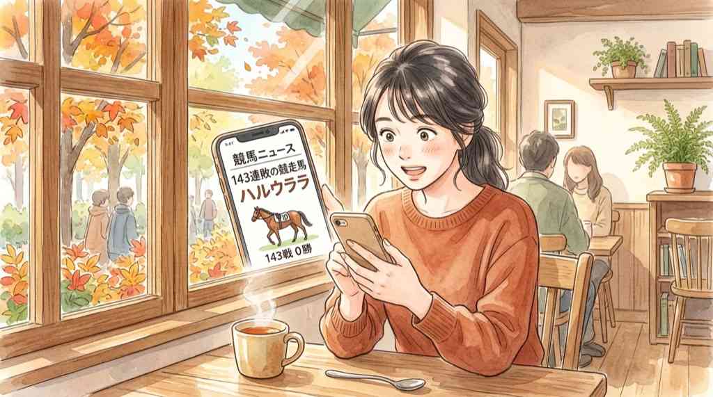 alt: 驚いた表情で競馬新聞を見る女性のイラスト、佐賀競馬の記録に目を見張っている