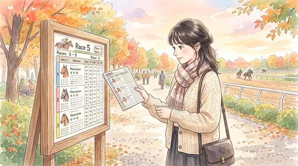 alt: 新聞やスマートフォンで競馬の記録を調べて「えっ!」と驚いている女性のイラスト