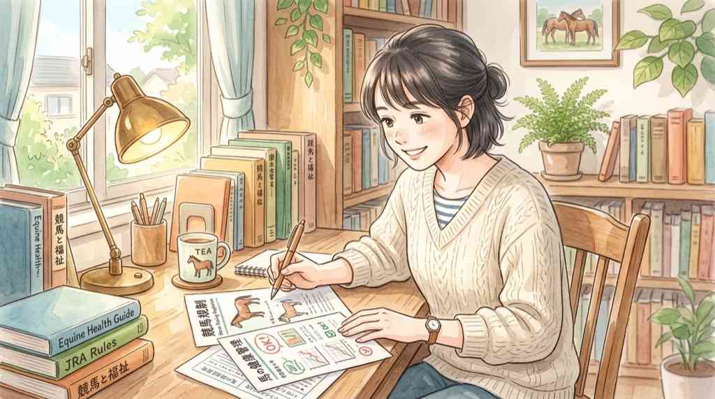 alt: 佐賀競馬場のゲート前に立つ馬と騎手のイラスト、秋の空の下