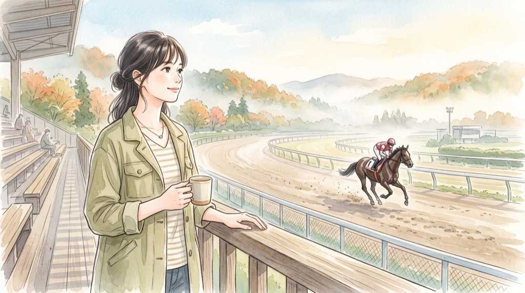 alt: ゴール板を駆け抜ける馬と、笑顔でガッツポーズする調教師のイラスト、秋の佐賀競馬場
