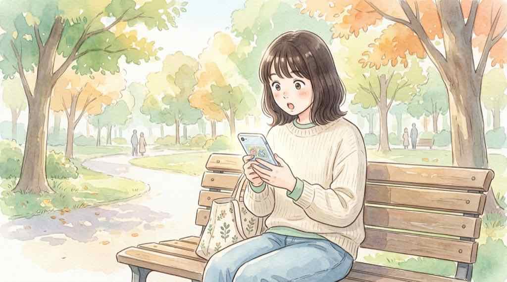 RGBミュウ 確率 SNSを見て驚く女性のイラスト