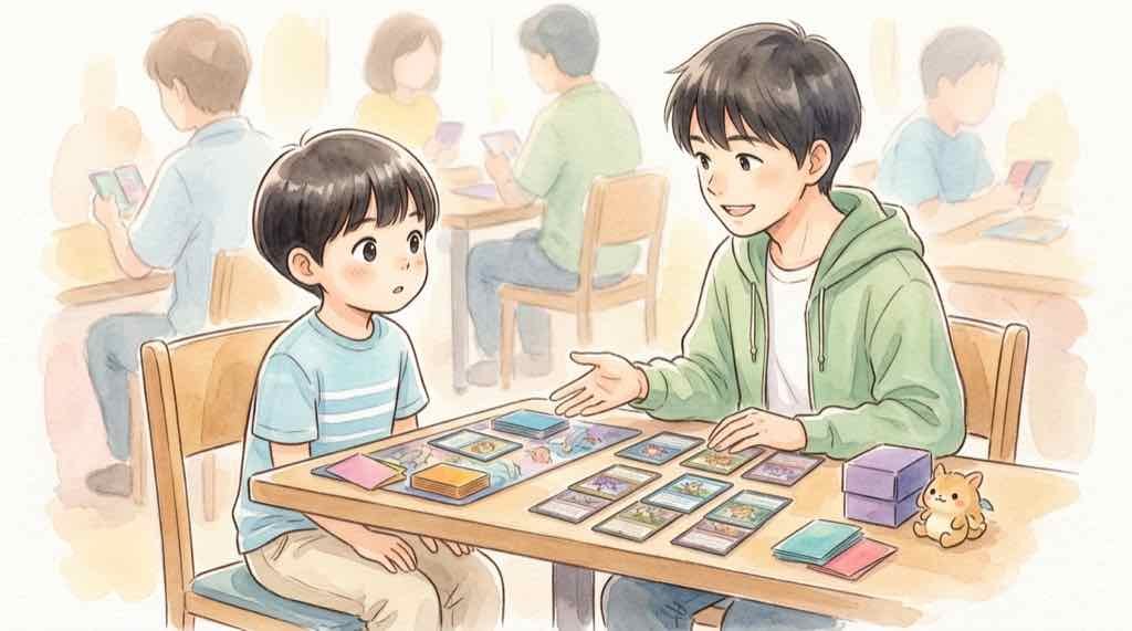 ポケカ ジムバトル 初心者 プロモカードパックを見て喜ぶ親子のイラスト