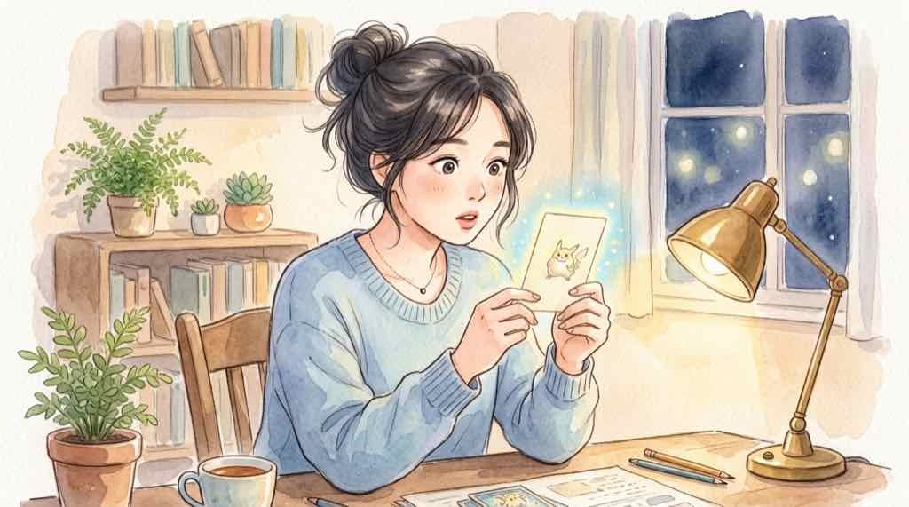 RGBミュウ 確率 ポケカ30周年の当たりカードを確認する女性のイラスト